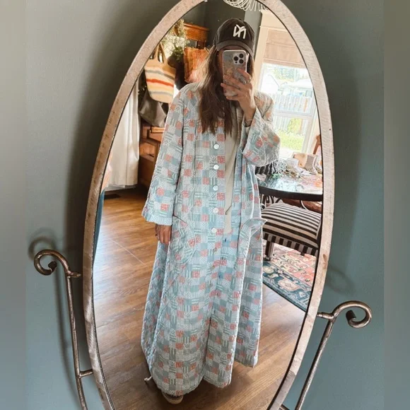 Vintage handmade patchwork Quilted duster Maxi swing coat Jacket sz S-L - Picture 3 of 16